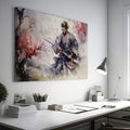 Framed canvas print of a samurai warrior in watercolour, with dynamic ink splatters in vivid hues.