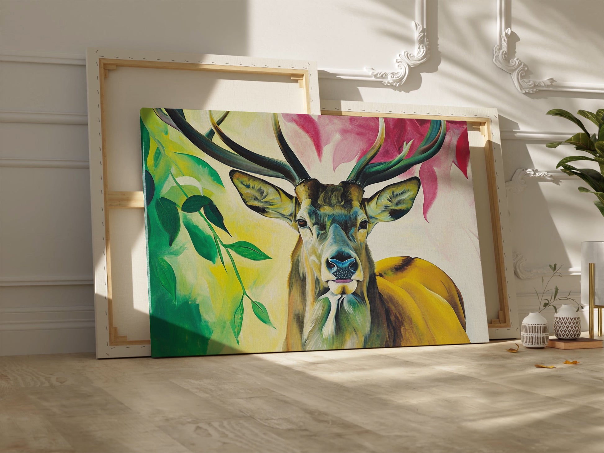 Framed canvas print of a colourful, modern artistic depiction of a stag with vibrant hues.