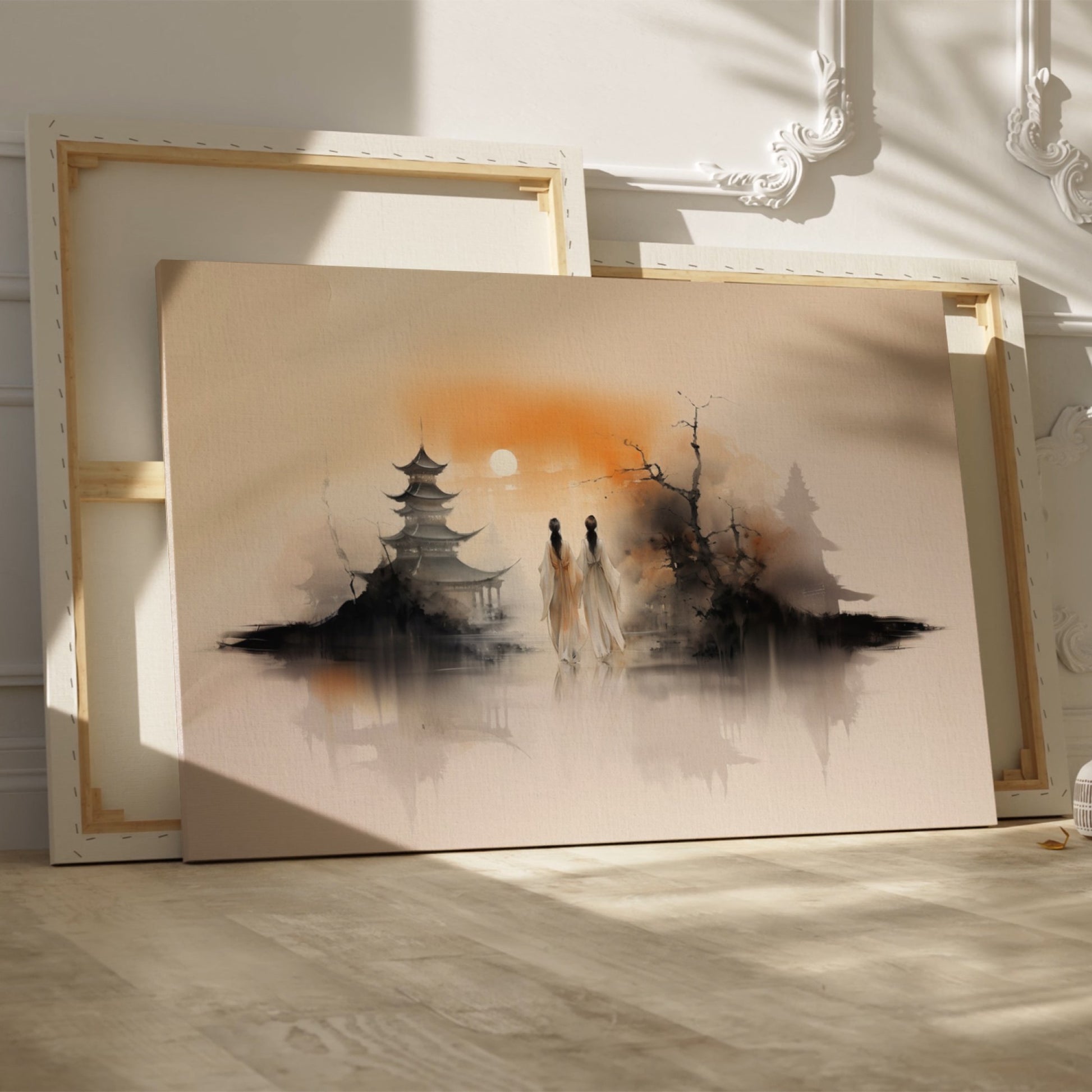 Framed canvas print of a serene oriental landscape with a sunset, pagoda, silhouetted figures, and peaceful water reflection in warm tones.