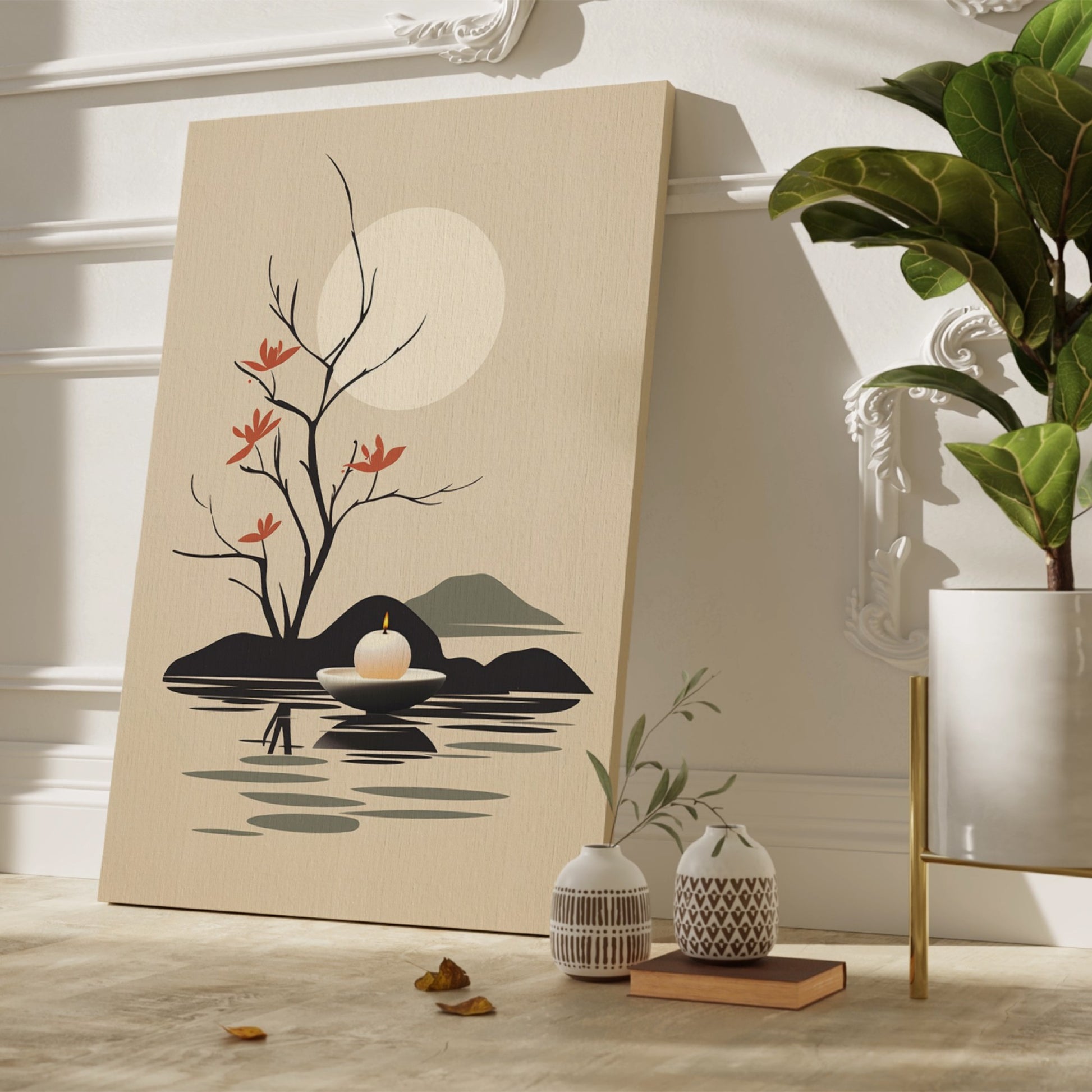 Framed canvas print of minimalist Zen style artwork with tree silhouette and candle