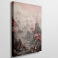 Framed canvas print of Oriental landscape with cherry blossoms and misty mountains