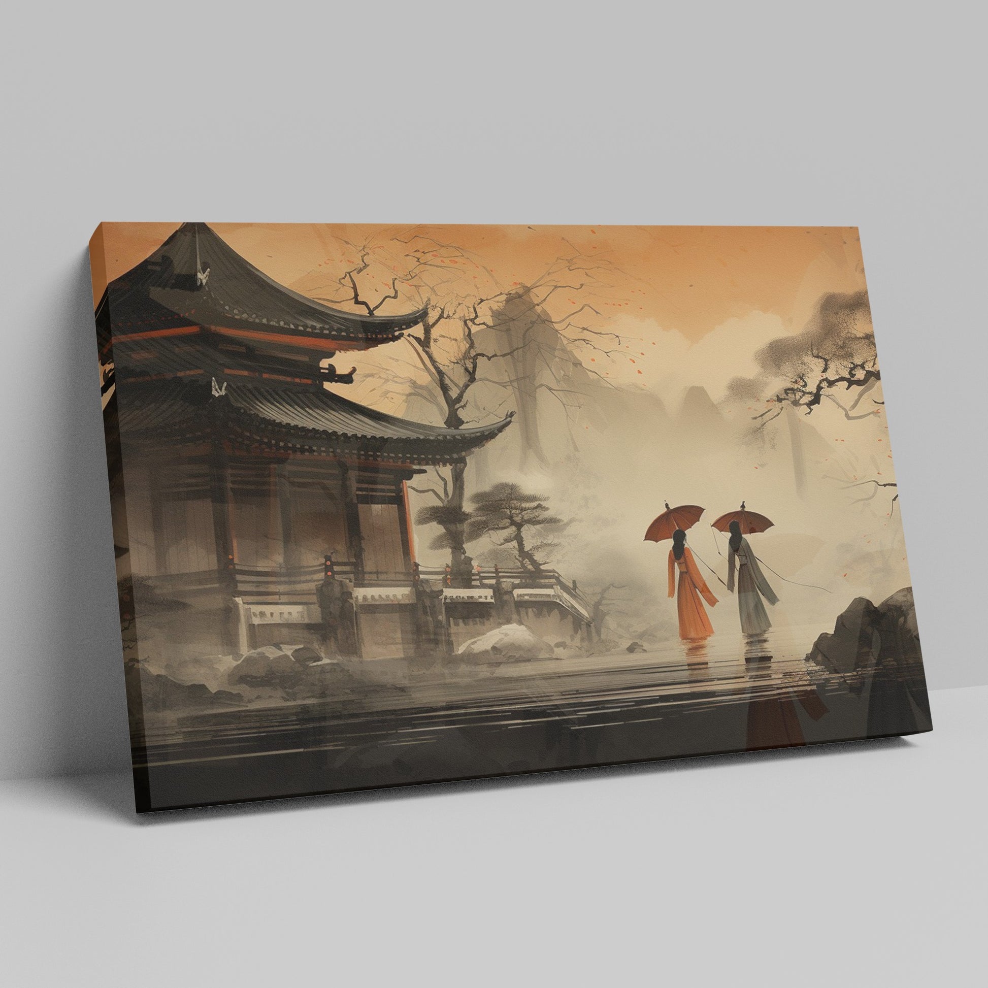 Framed canvas print of serene oriental pagoda scene with misty mountains and figures with umbrellas