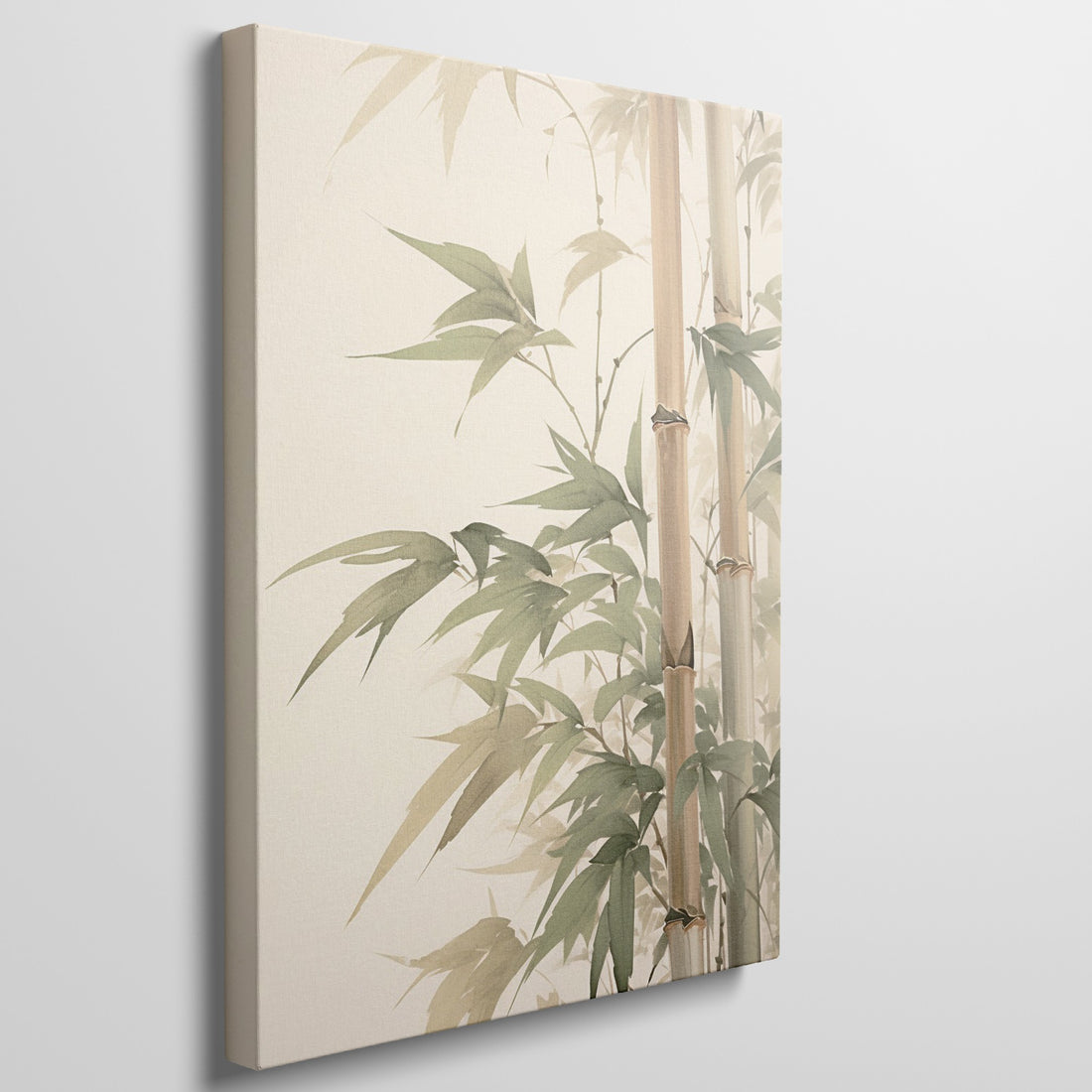 Elegant framed canvas print of a bamboo grove with soft green leaves and beige stalks