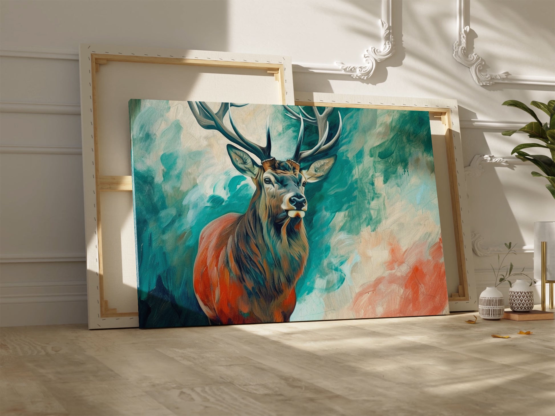 Framed canvas print of a majestic stag with vibrant turquoise and earthy orange tones