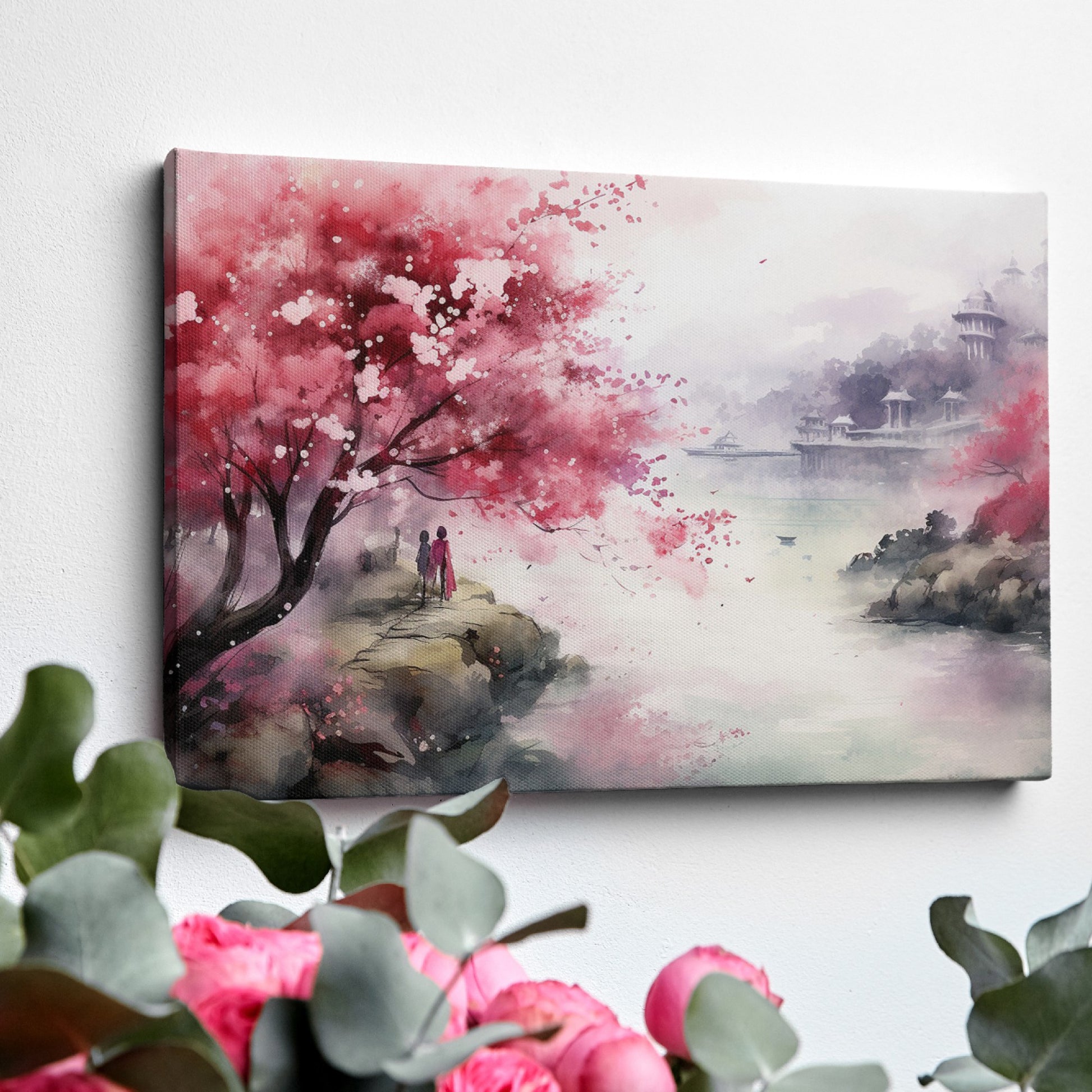 Framed canvas print of a watercolour cherry blossom landscape with figures and traditional architecture