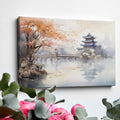 Framed canvas print depicting an autumnal Oriental scene with a pagoda and misty lake