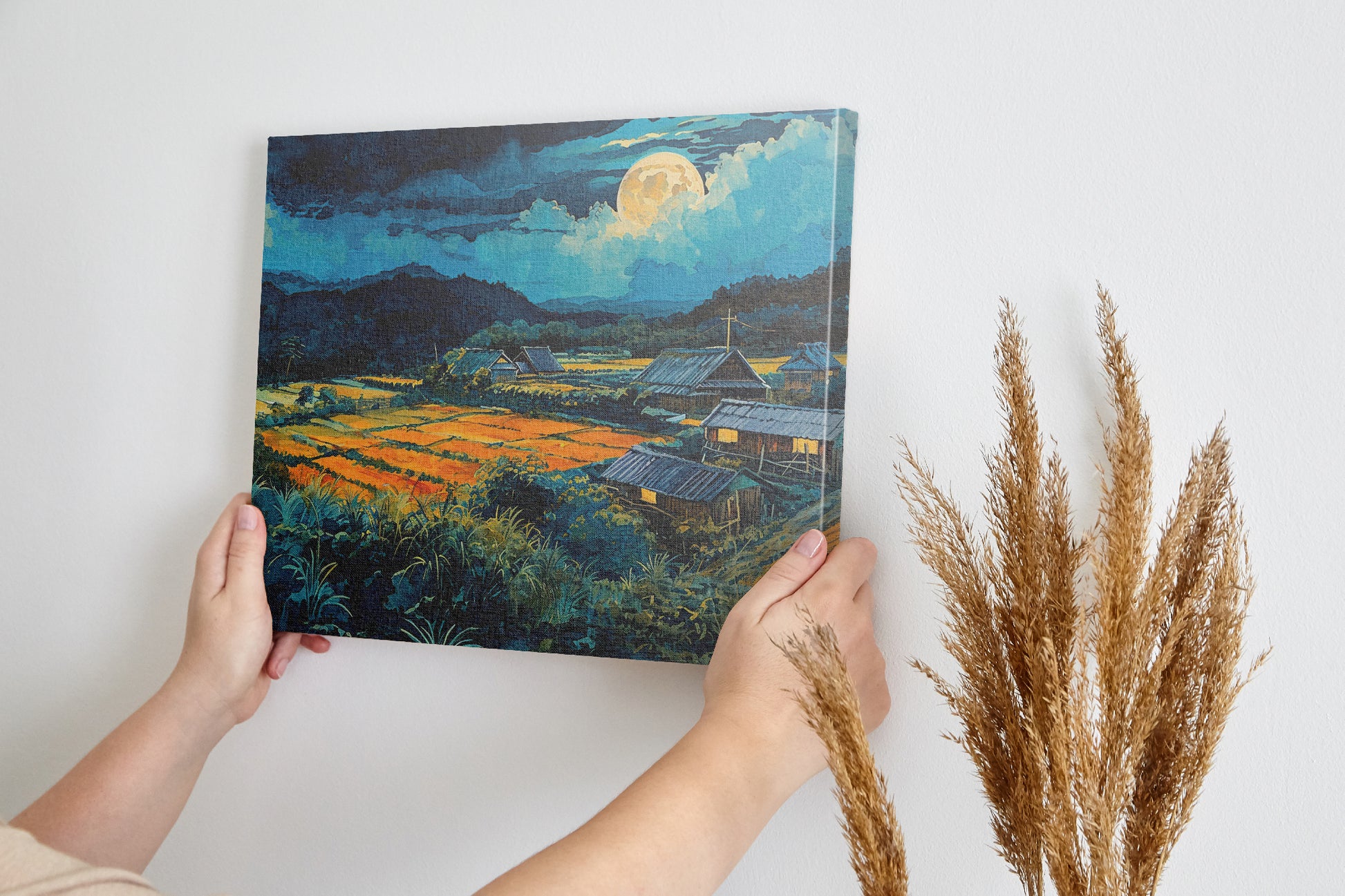 Framed canvas print of a moonlit countryside scene with vibrant fields and rustic homesteads