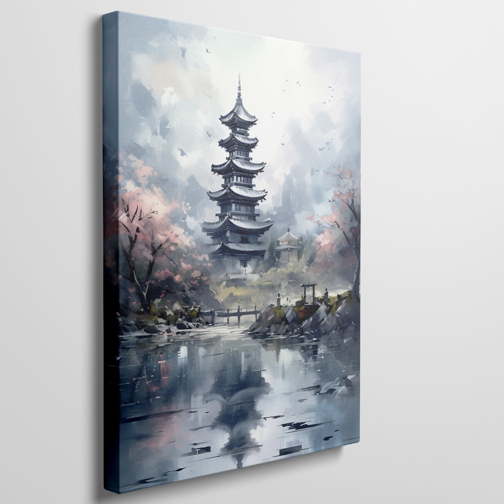 Framed canvas print of an impressionist painting showing a pagoda and cherry blossoms with reflections in water