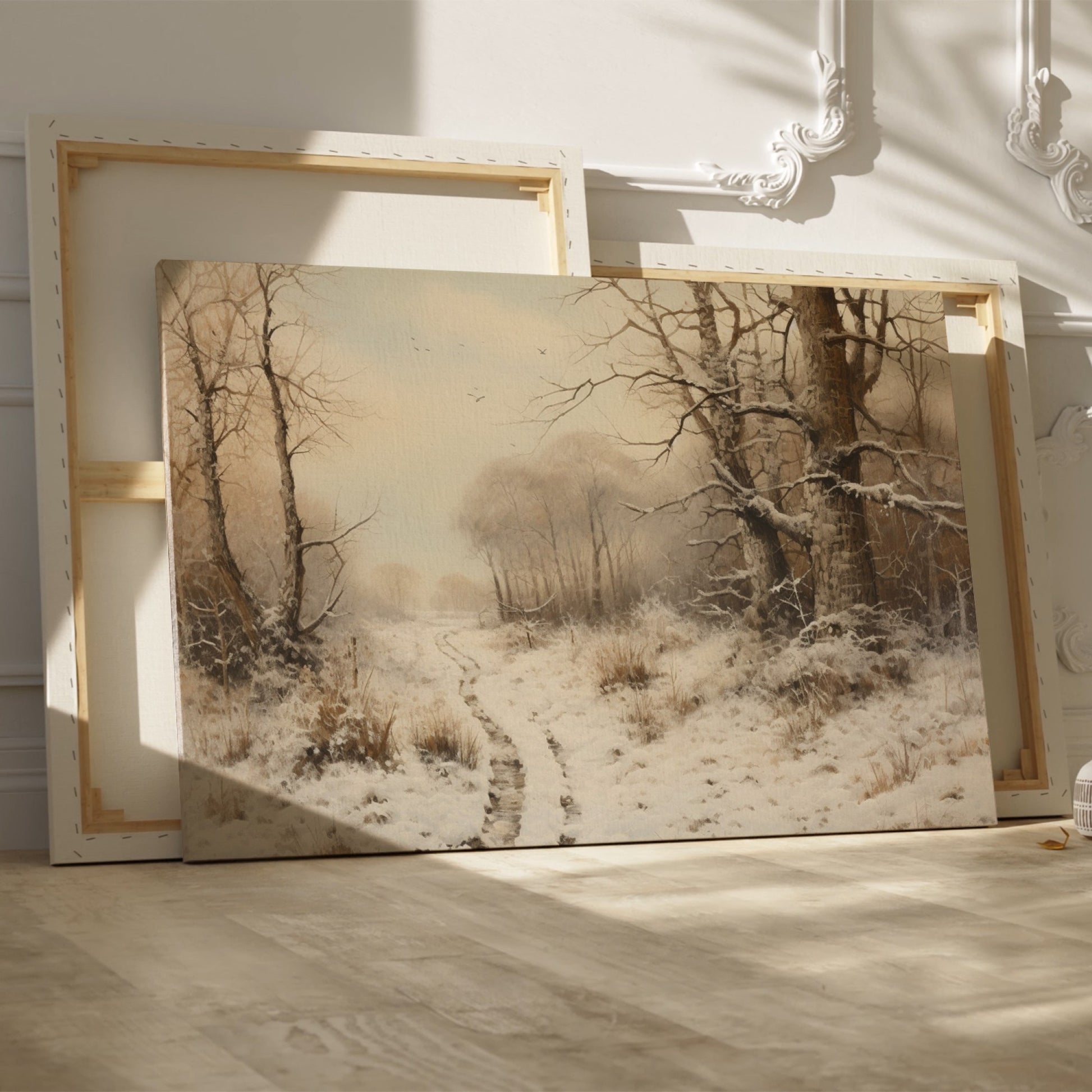 Framed canvas print of a tranquil winter landscape with snow-covered trees and a snowy path