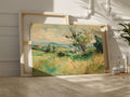 Framed canvas print of a watercolour countryside landscape with vibrant greens and soft skies