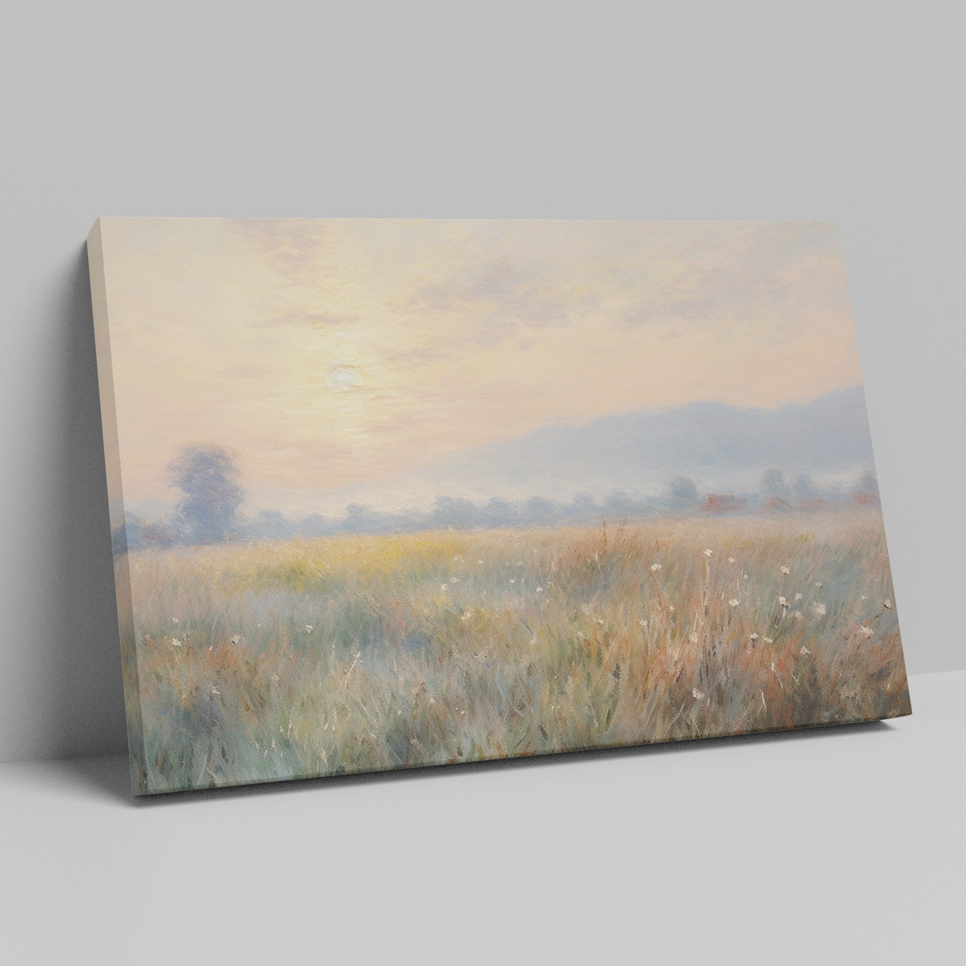 Framed canvas print of an impressionist painting with a sunrise over a tranquil countryside landscape