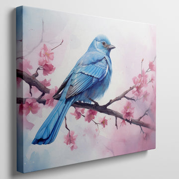 Framed canvas print of a bluebird and cherry blossoms in pastel watercolour