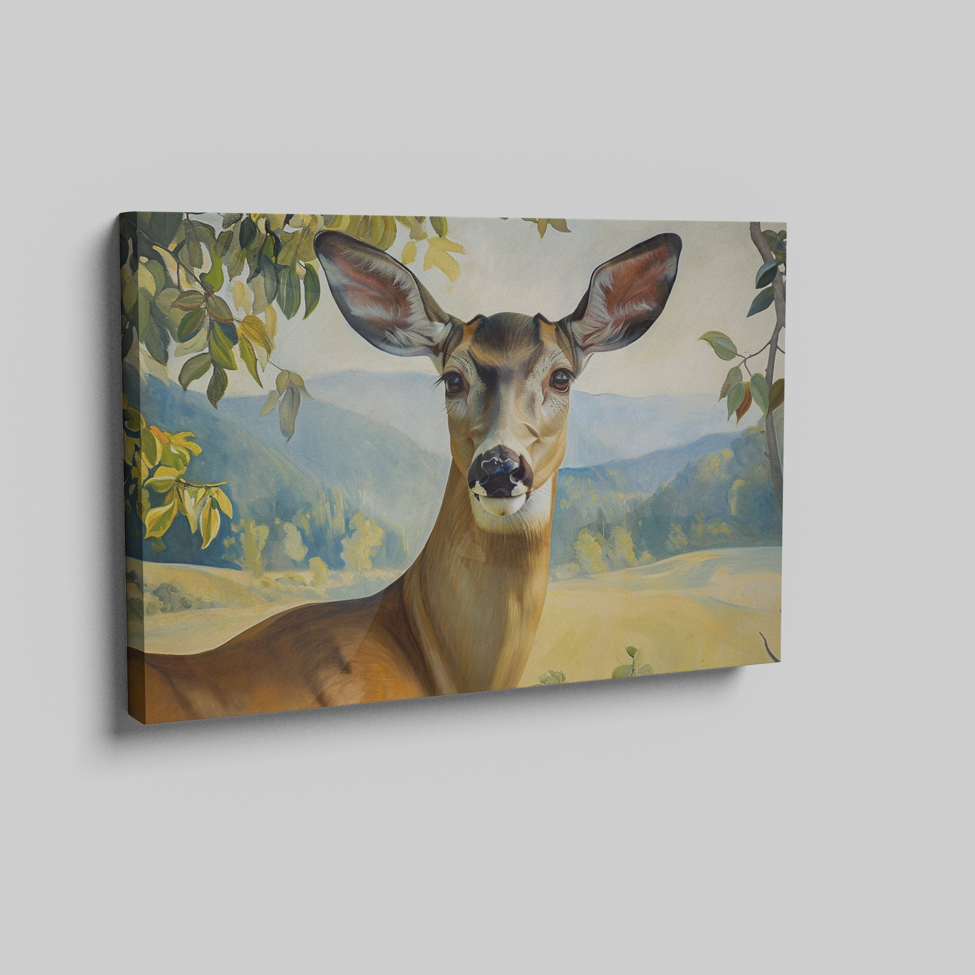 Framed canvas print of a realistic deer in a serene countryside setting with lush foliage