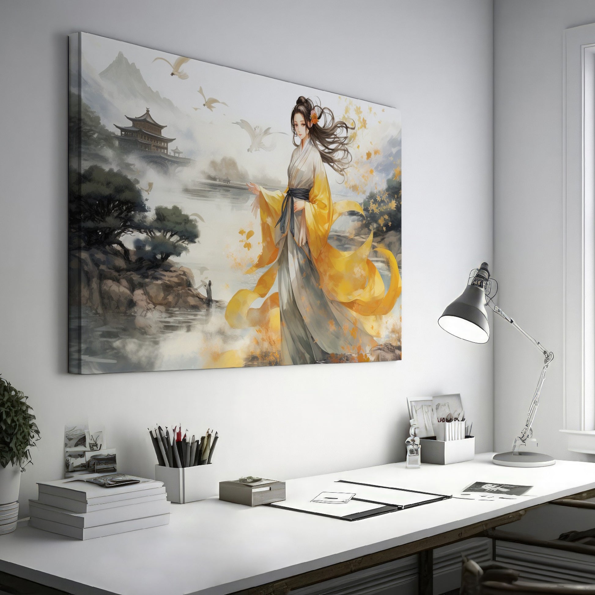 Framed canvas print of an elegant woman in traditional Oriental clothing with a landscape