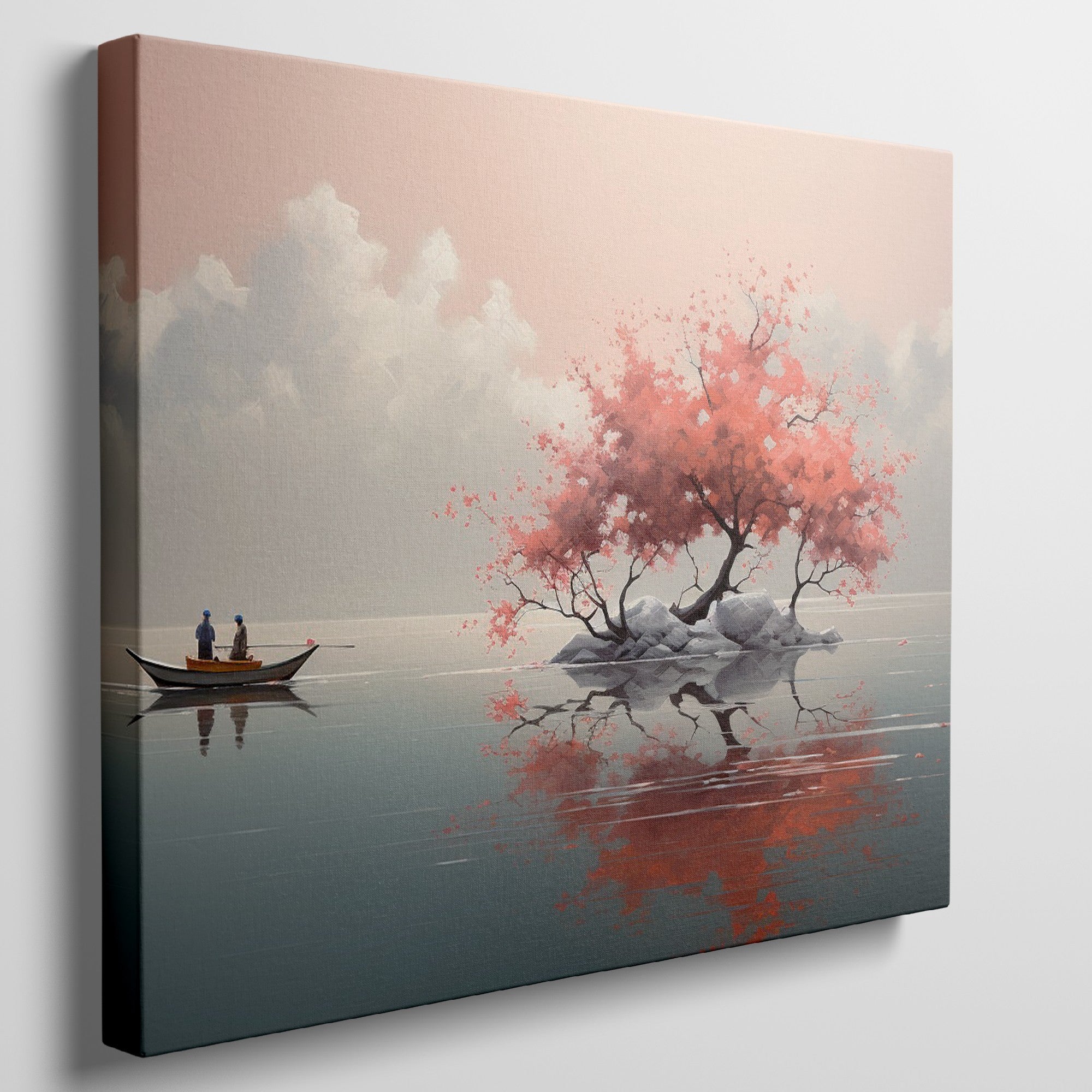 Framed canvas print of a tranquil lake with cherry blossoms and boat