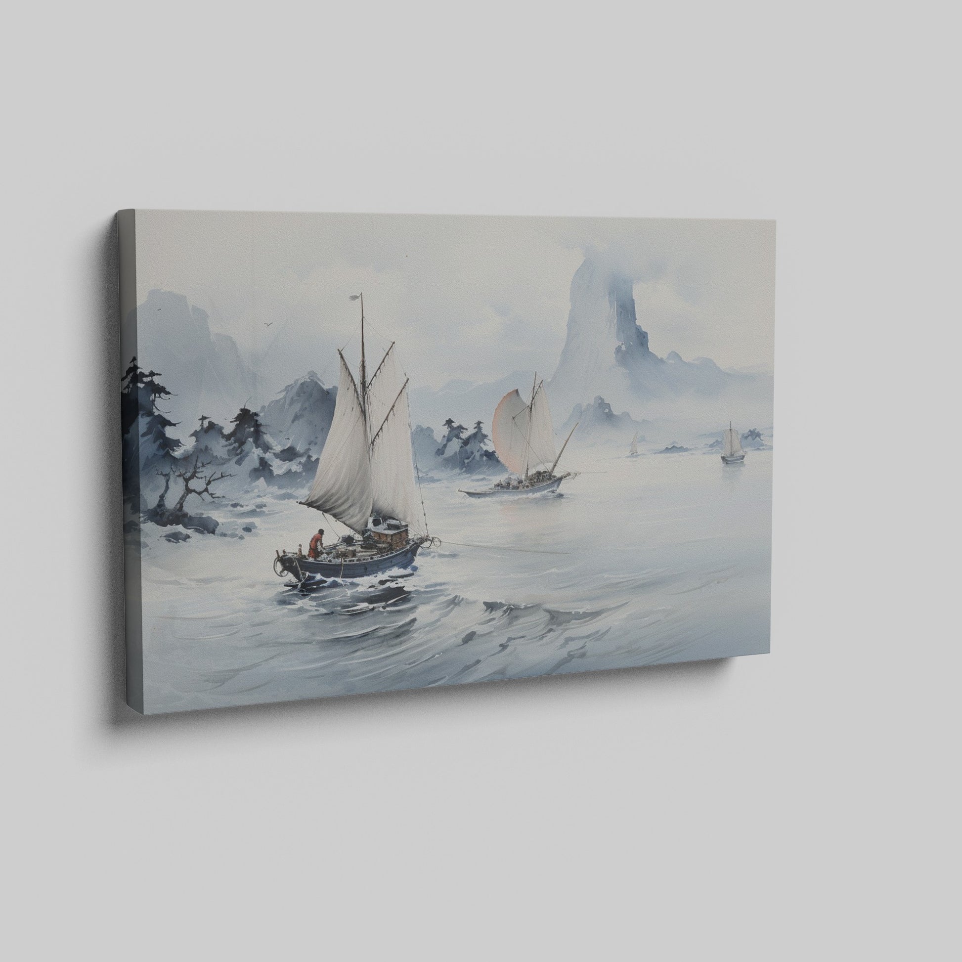 Framed canvas print of serene Oriental sailboats in watercolour with misty mountains and calm sea