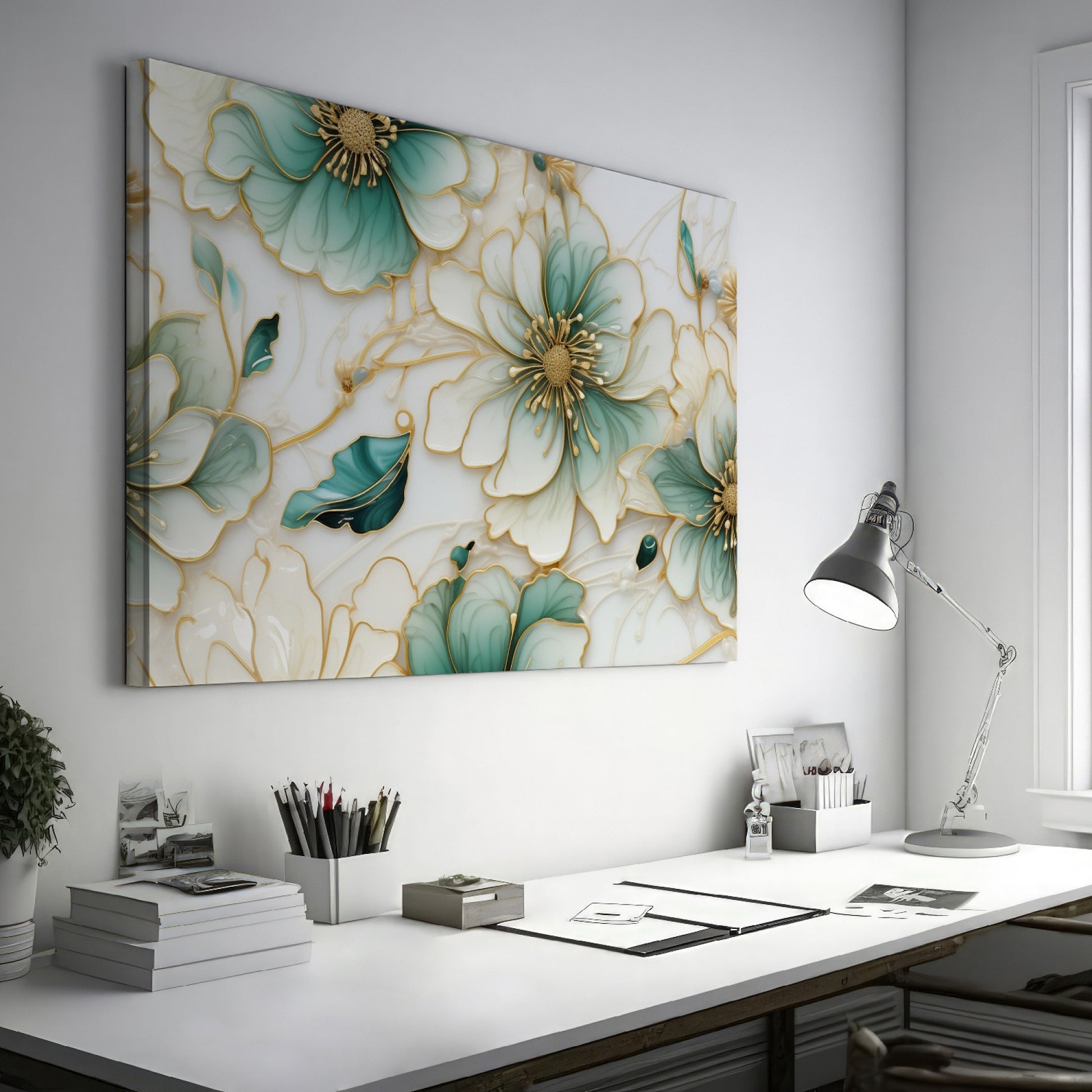 Framed canvas print of abstract turquoise and ivory flowers with gold trim