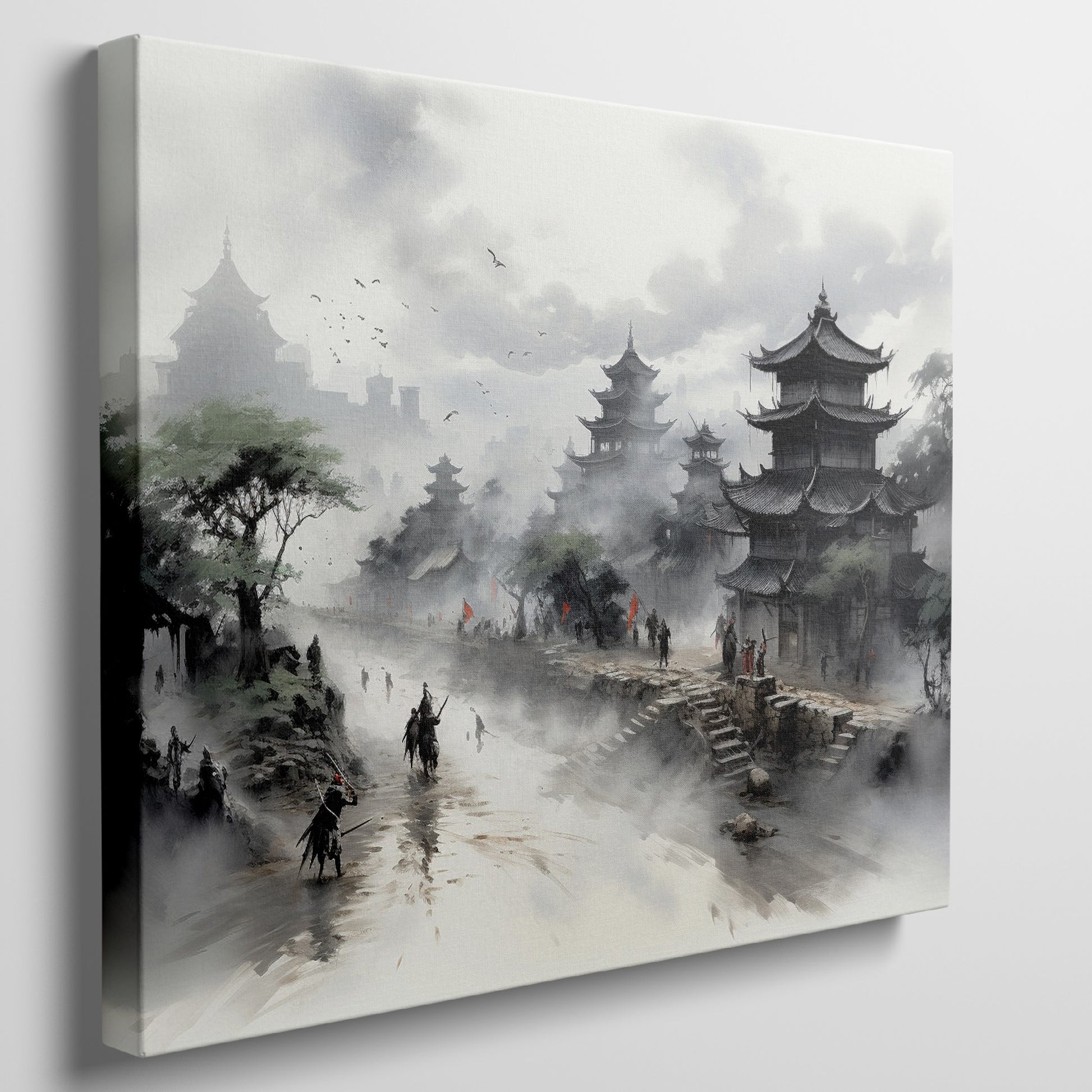 Framed canvas print of a mist-covered ancient Chinese scene with pagodas and figures