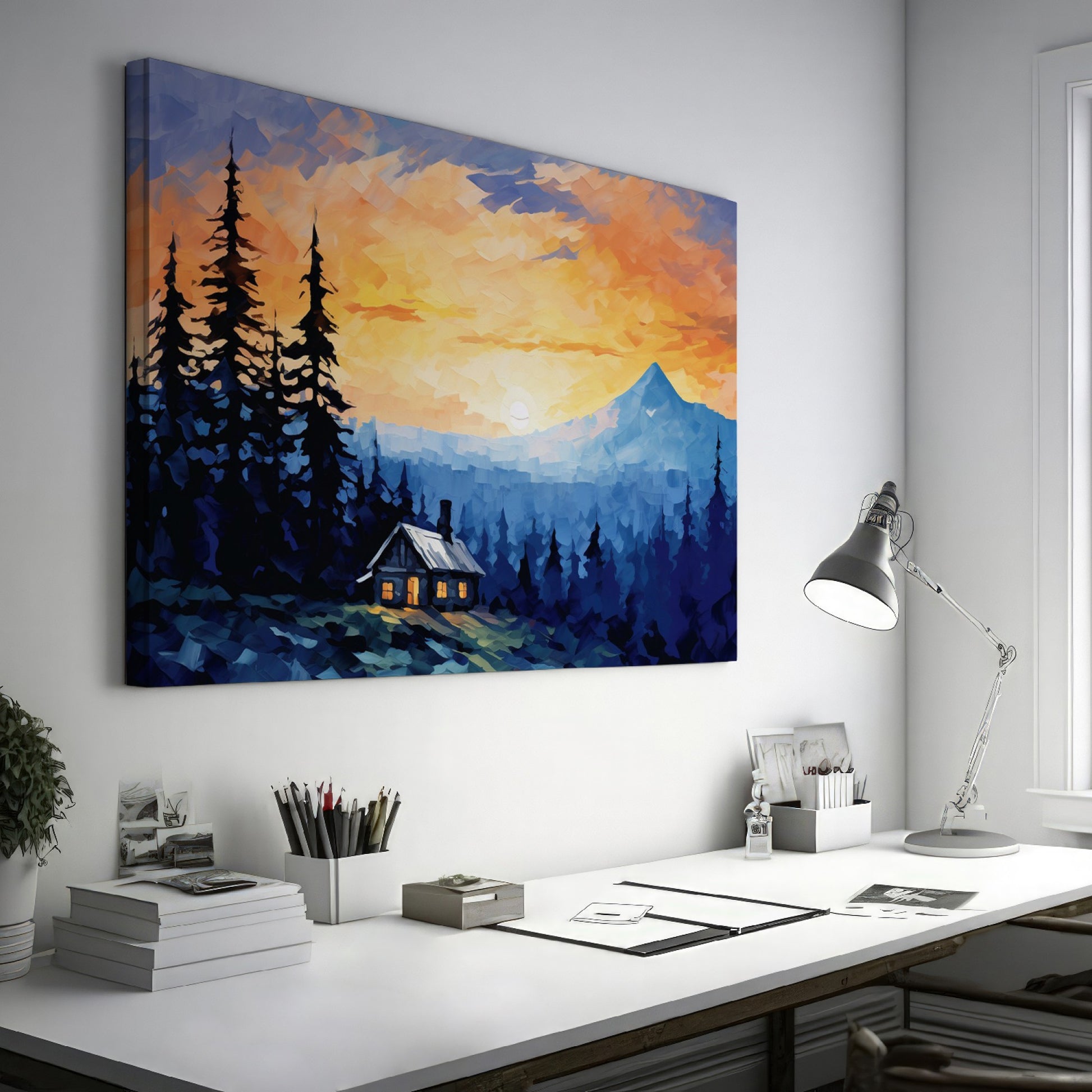 Framed canvas print of a mountain sunrise with a rustic cabin amongst pine trees