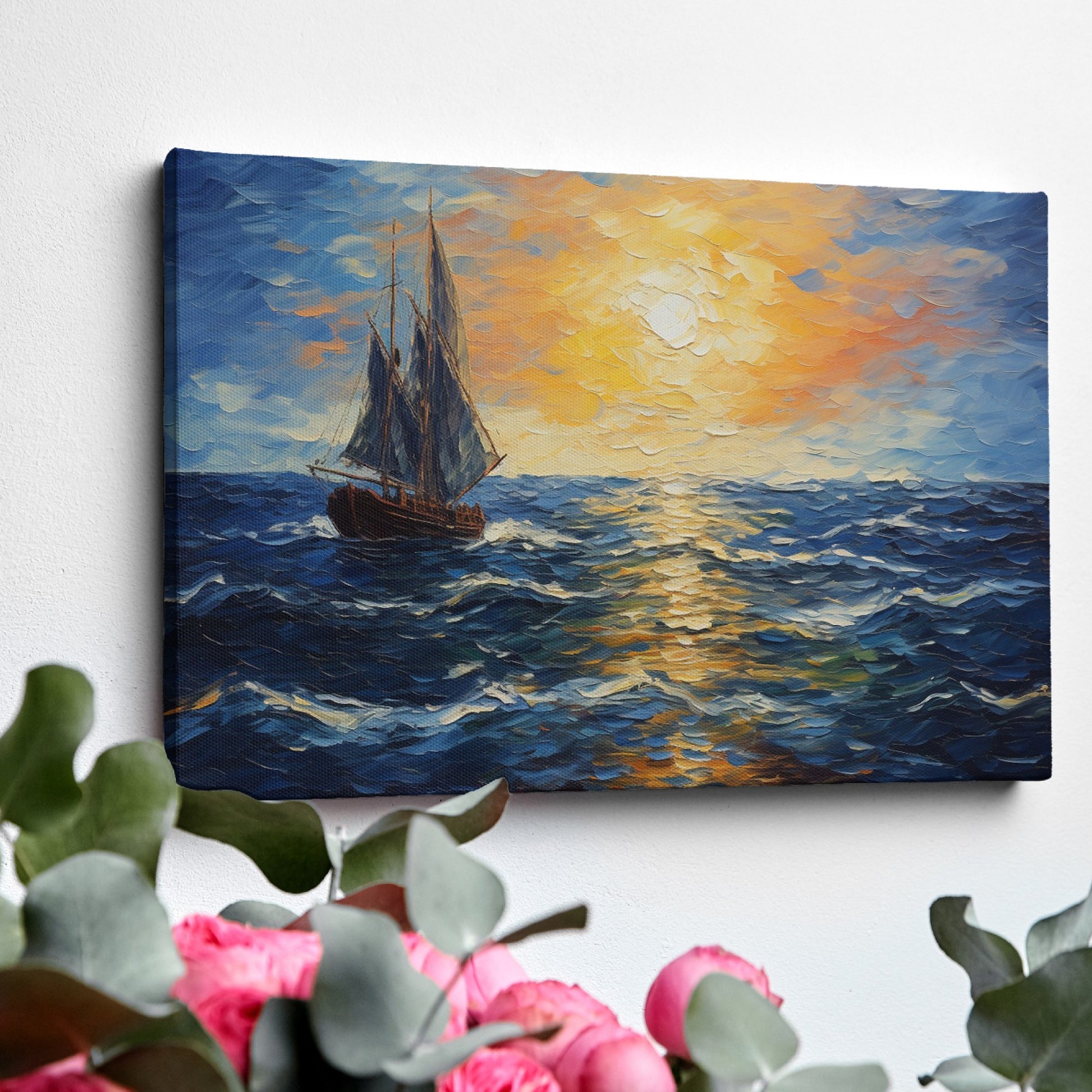 Framed canvas print of an Impressionist painting depicting a sailboat sailing on the ocean at sunset with vivid colours and bold brush strokes