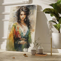 Framed canvas print of a vibrant, watercolour portrait of an elegant woman with colourful attire