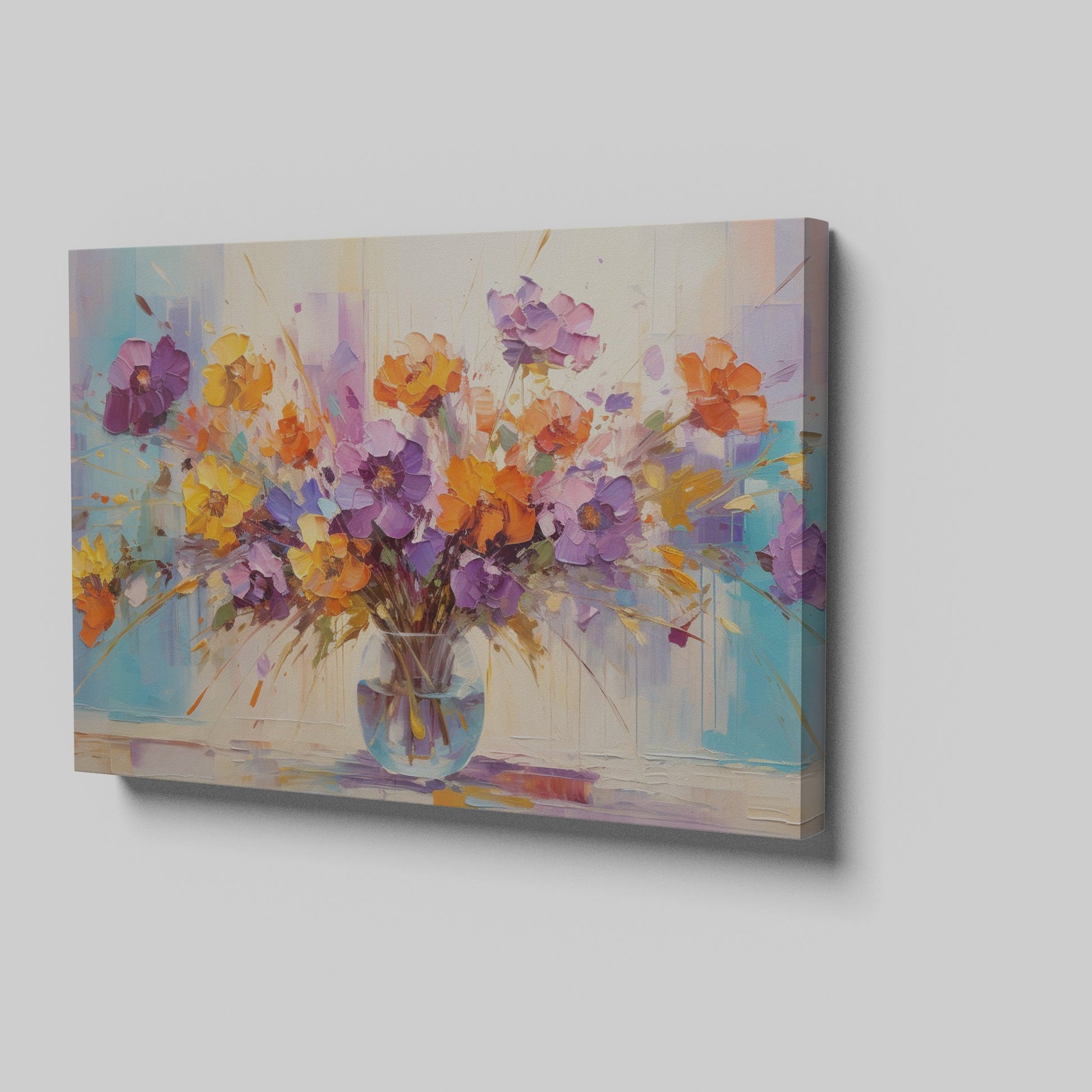 Framed canvas print of lively impressionist floral bouquet with vibrant purples, oranges, and yellows