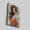 Abstract-impressionist portrait of a woman with brown hair and red accents on a canvas