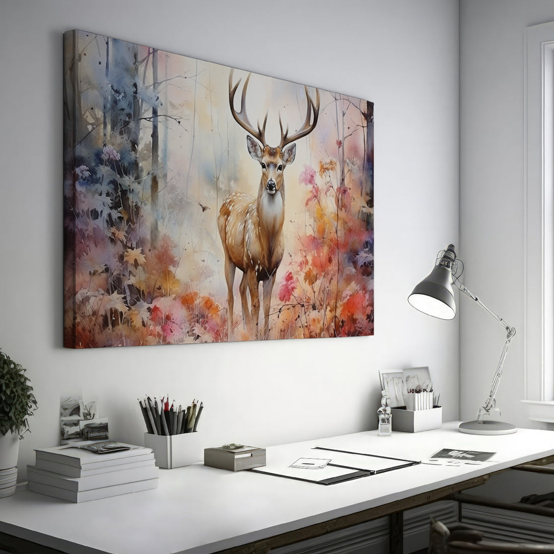 Framed canvas print of a majestic stag in a misty autumn forest