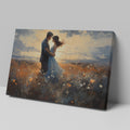 Framed canvas print of a couple embracing in a field at sunset with vibrant colours