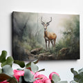 Framed canvas print of a majestic stag in a misty, ethereal forest with earthy tones