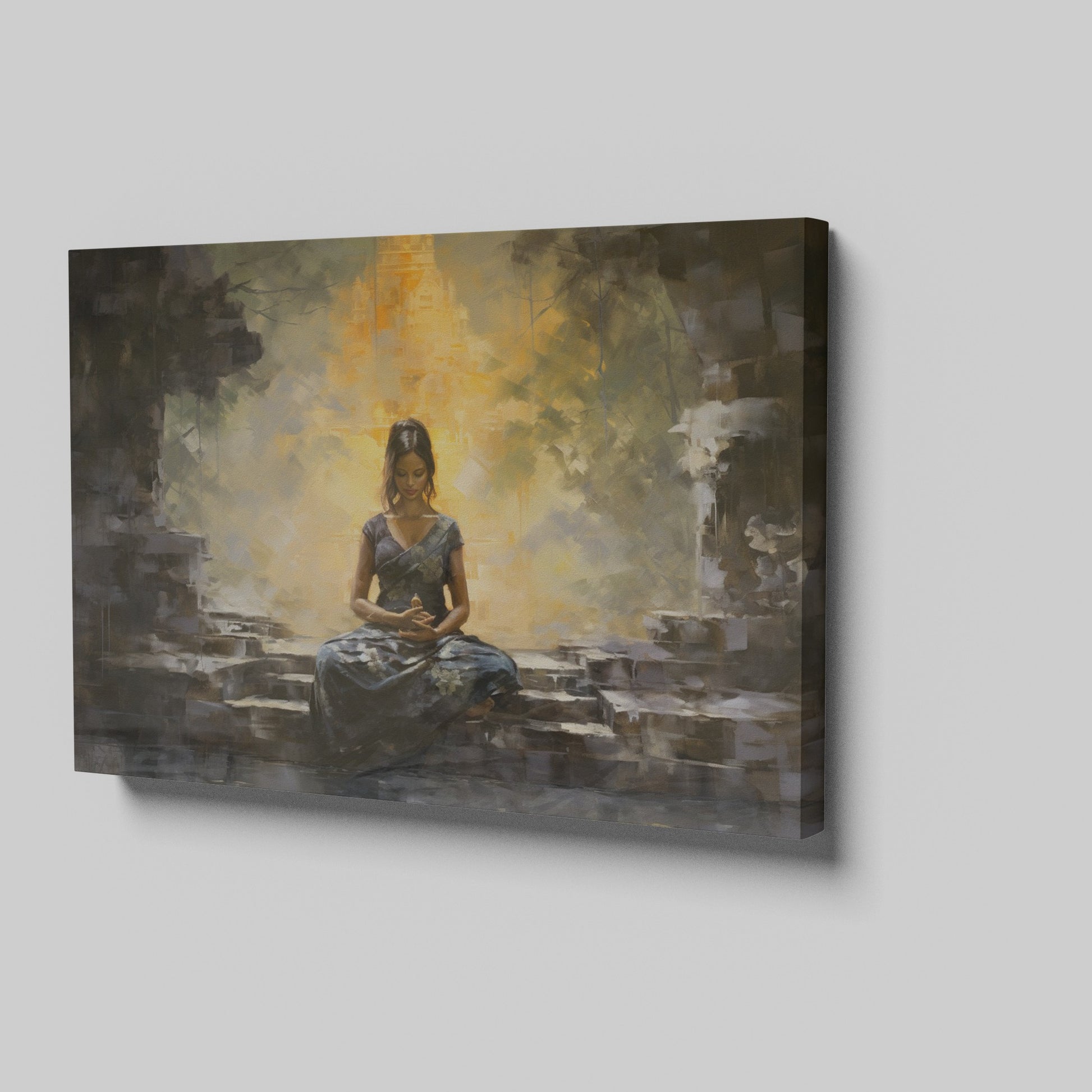 Framed canvas print of a meditative woman at an ancient temple with warm golden hues