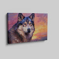 Framed canvas print of a stylized geometric husky against a colourful sunset