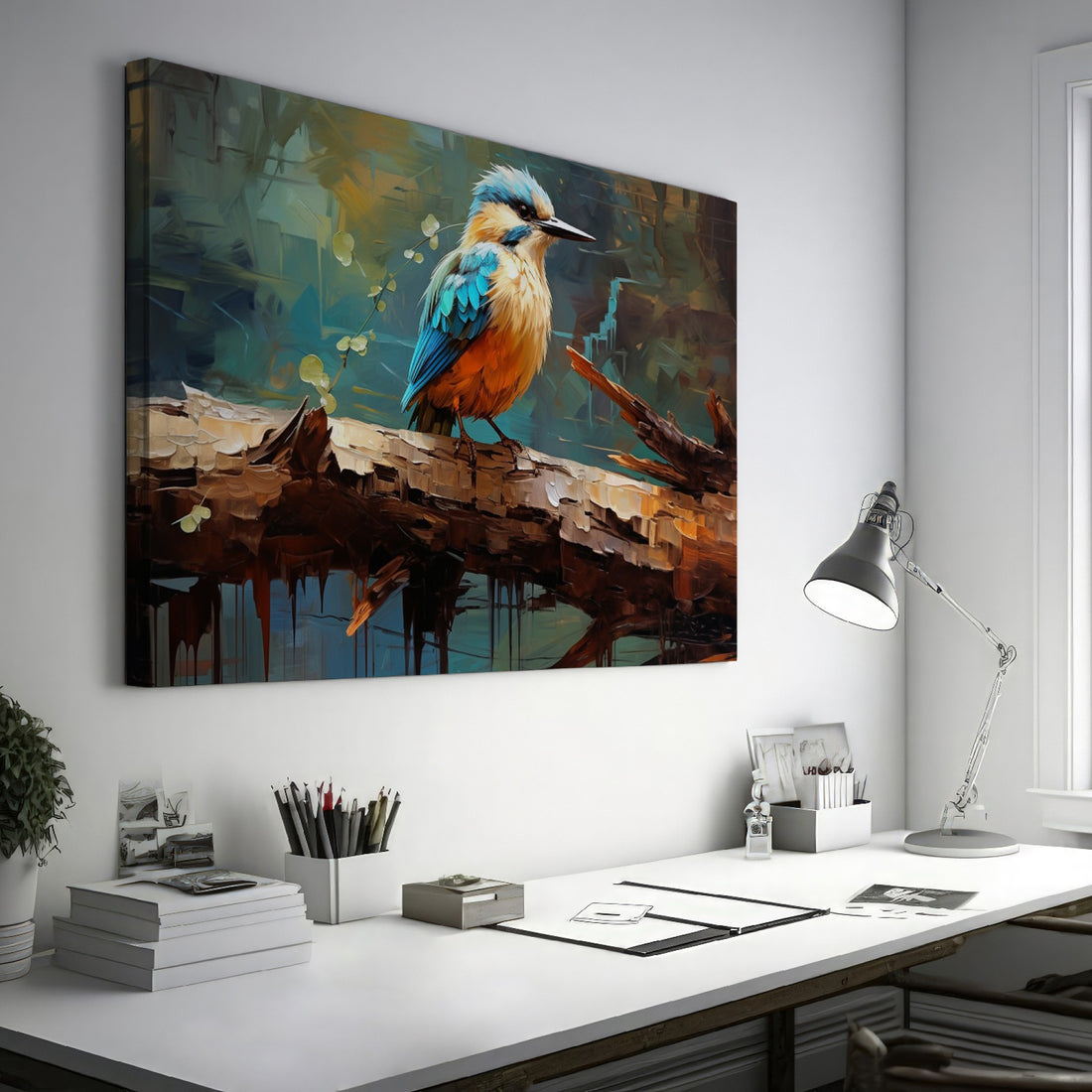 Framed canvas print of a vibrant kingfisher with abstract brushwork and warm colour palette