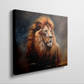 Framed canvas print of a majestic lion portrait, with detailed mane and warm earthy colours