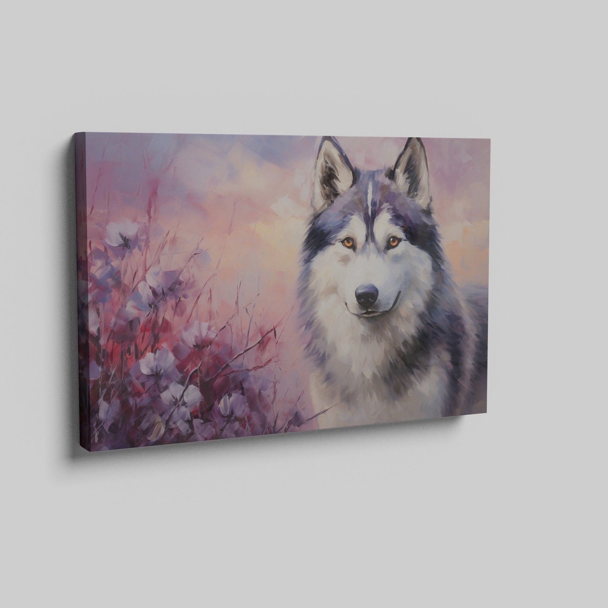 Framed canvas print of a stylised wolf portrait with a pastel floral background and sunset colours