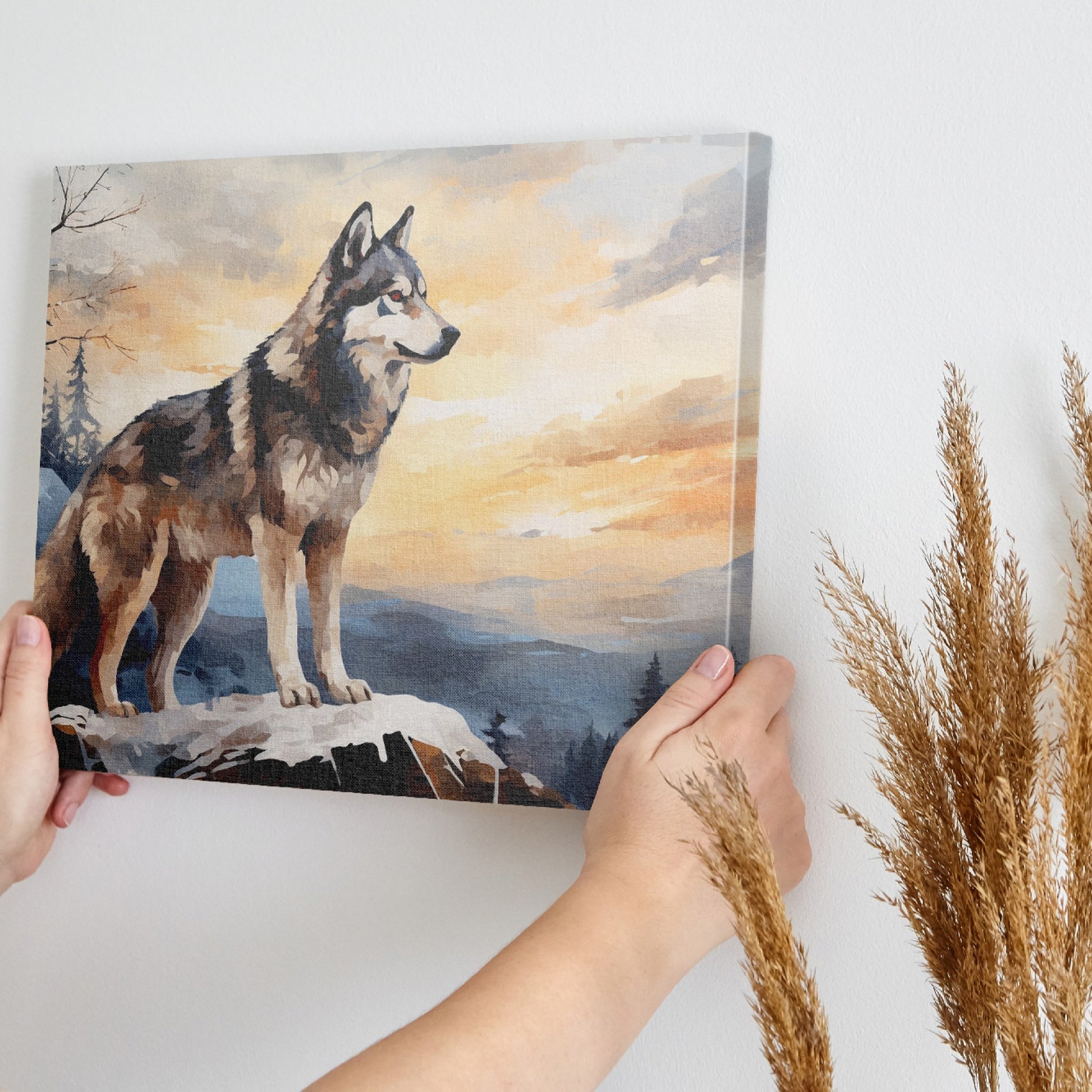 Framed canvas print of a majestic wolf overlooking a forest landscape at sunset