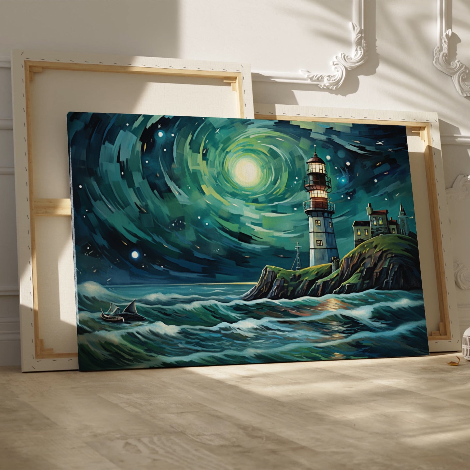 A canvas painting of a lighthouse on a cliff with a swirling starry sky and rough sea in shades of blue and green.