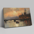 Framed canvas print of London's Westminster and Big Ben at sunset with orange and warm tones reflecting on the Thames River