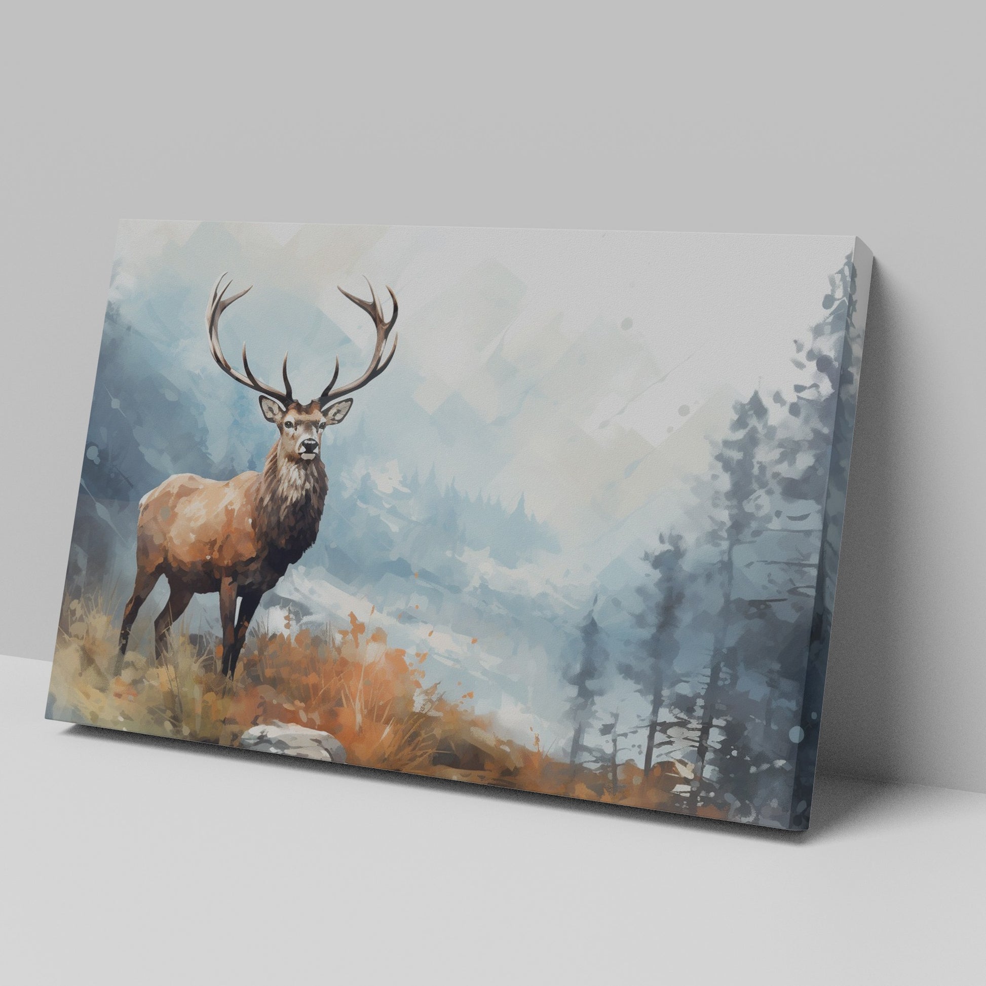 Framed canvas print of a majestic stag in a tranquil autumn forest