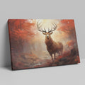 Framed canvas print of a majestic stag in an autumnal forest with red leaves