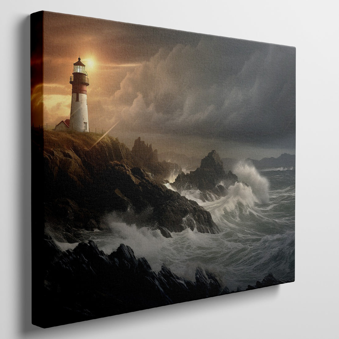 Lighthouse standing resolute against a stormy sea with crashing waves and a dramatic sunset in the background