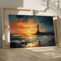 Framed canvas print of an impressionistic lighthouse seascape with vibrant sunset hues