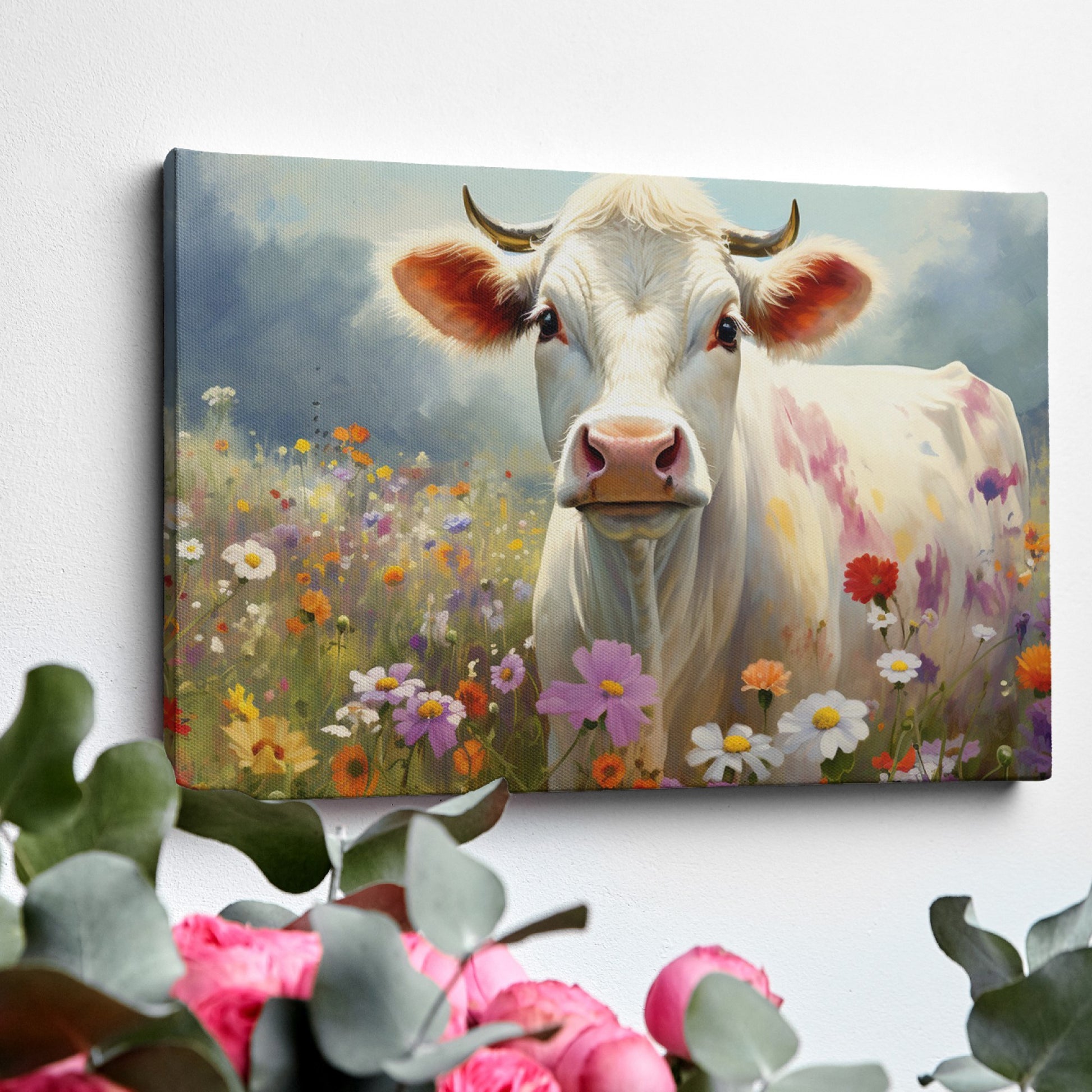 Framed canvas print of a realistic cow in a colourful meadow with wildflowers