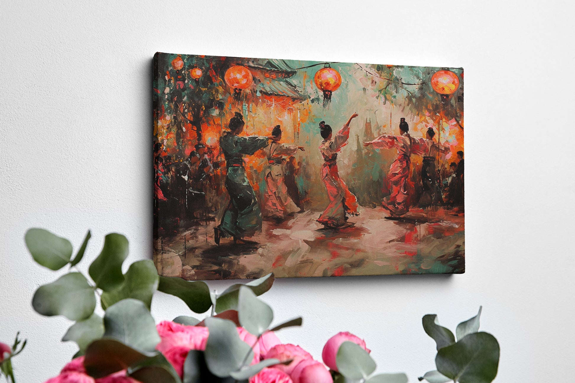 Framed canvas print of traditional dance scene with Chinese lanterns and vibrant abstract figures