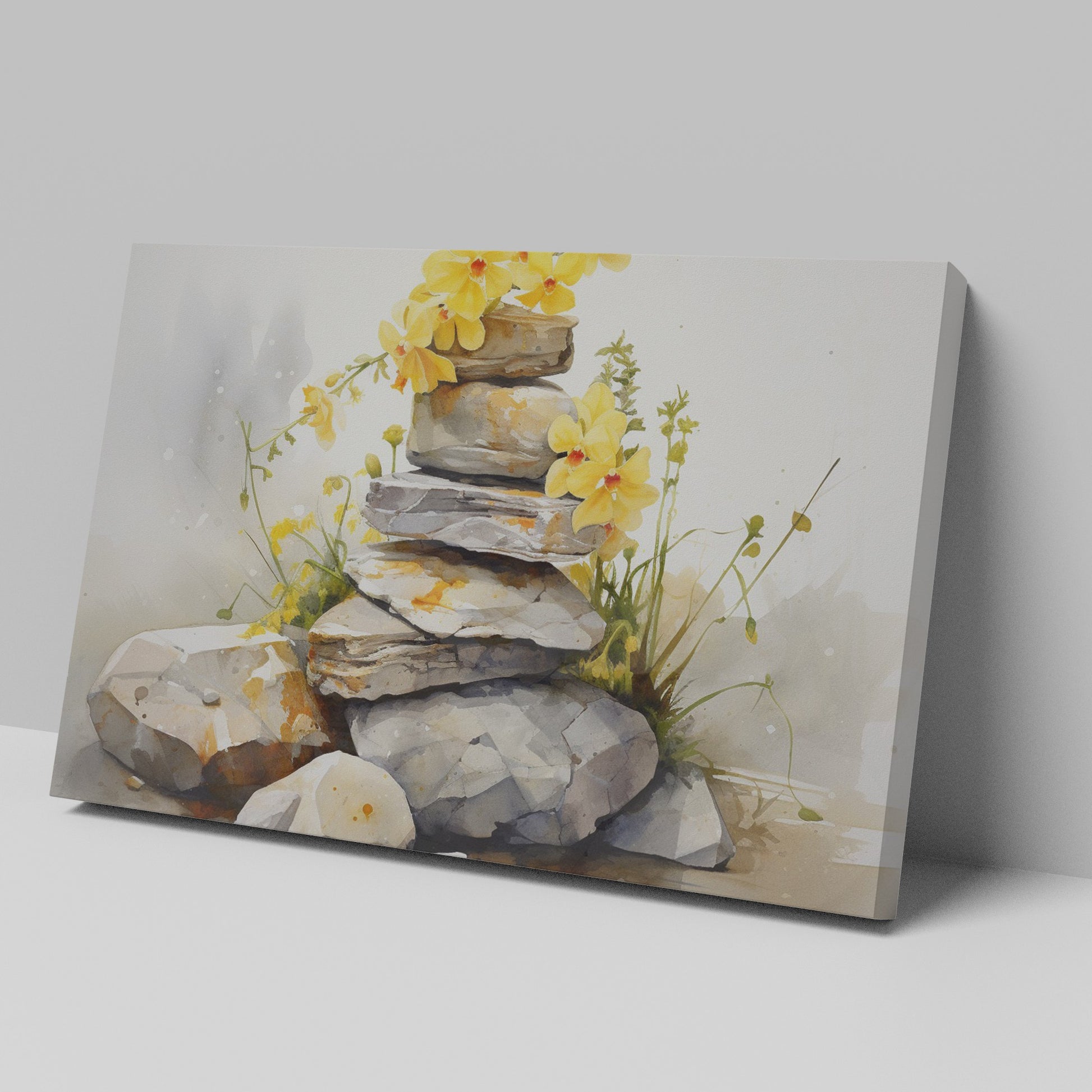 Framed canvas print of watercolour stones stacked with yellow flowers