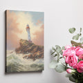 Framed canvas print of a clifftop lighthouse overlooking turbulent sea waves, under a light-infused sunset sky