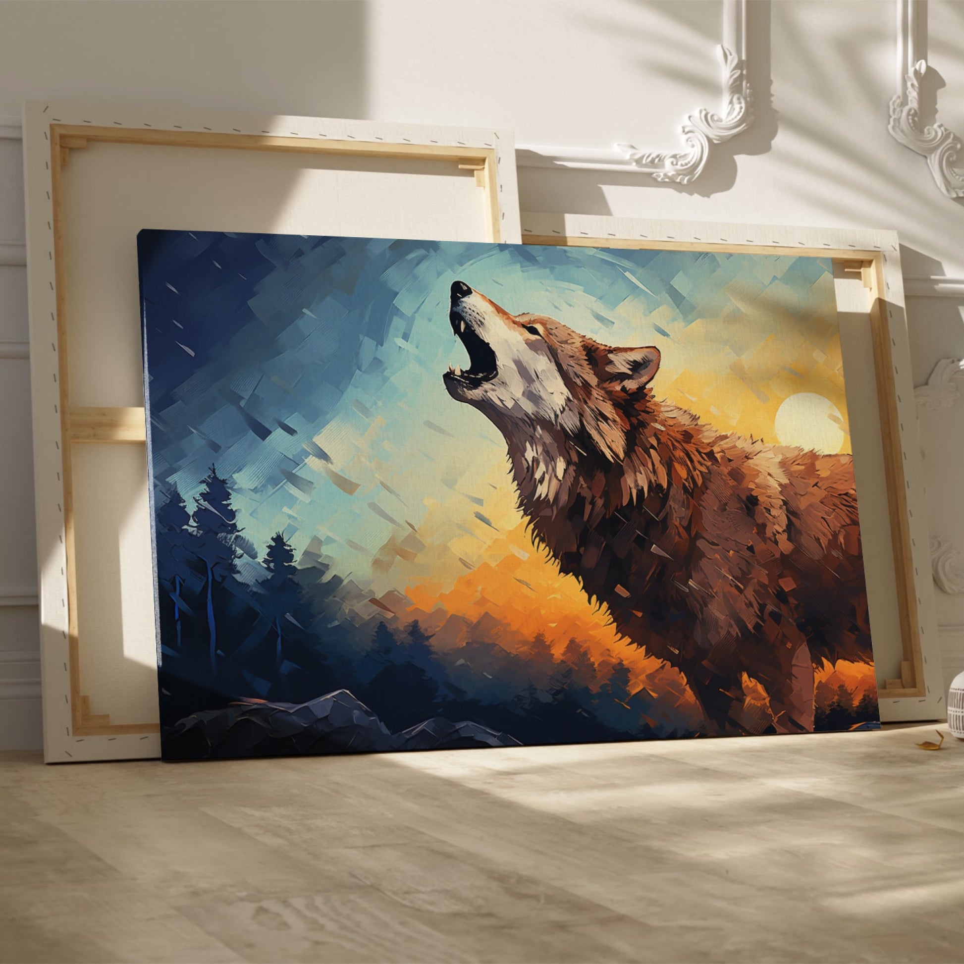 Framed canvas print of stylised howling wolf at sunset with forest backdrop