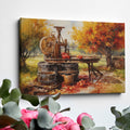 Framed canvas print of an autumn cider press scene with vibrant foliage and vintage farm elements