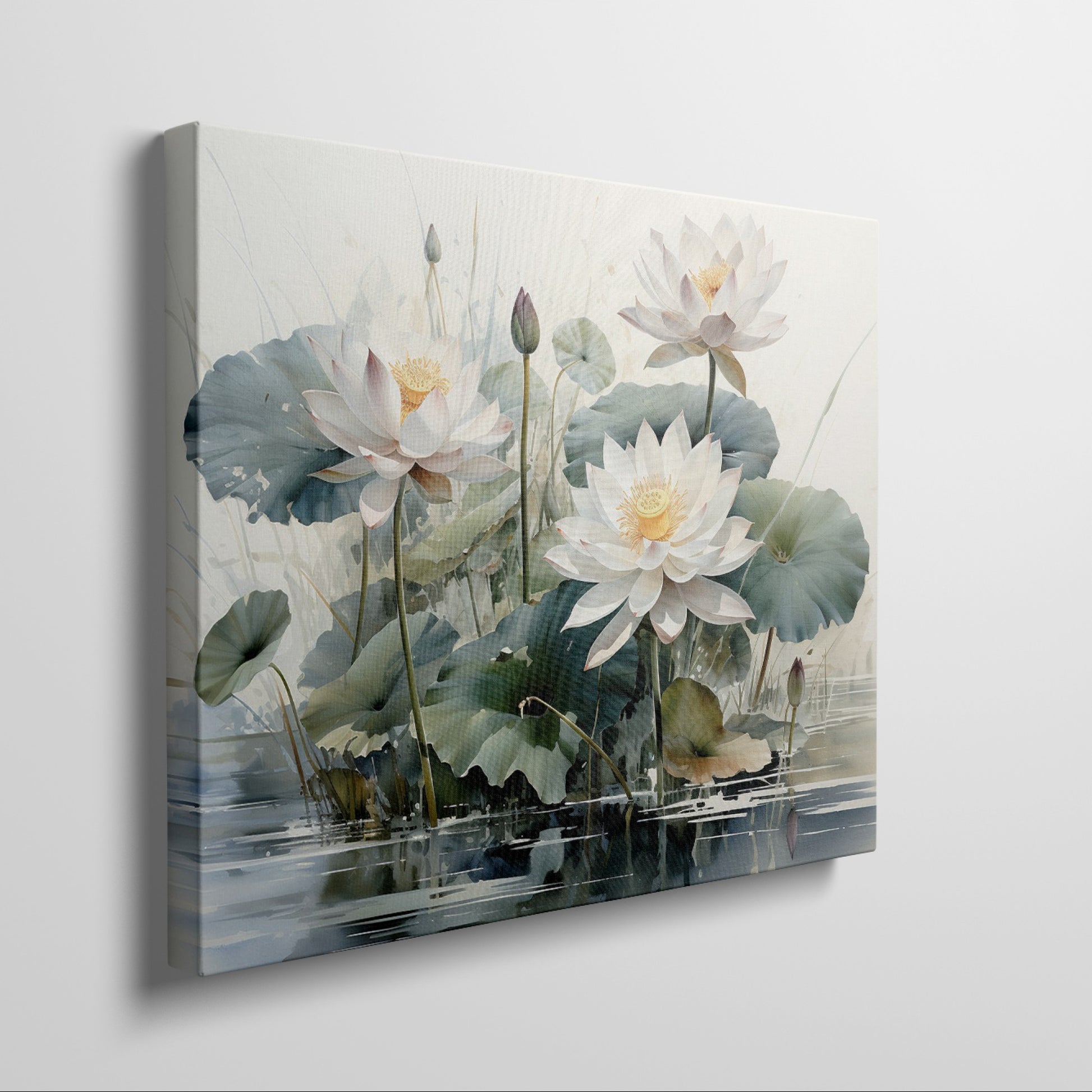 Framed canvas print of tranquil lotus flowers and water lilies on a serene pond