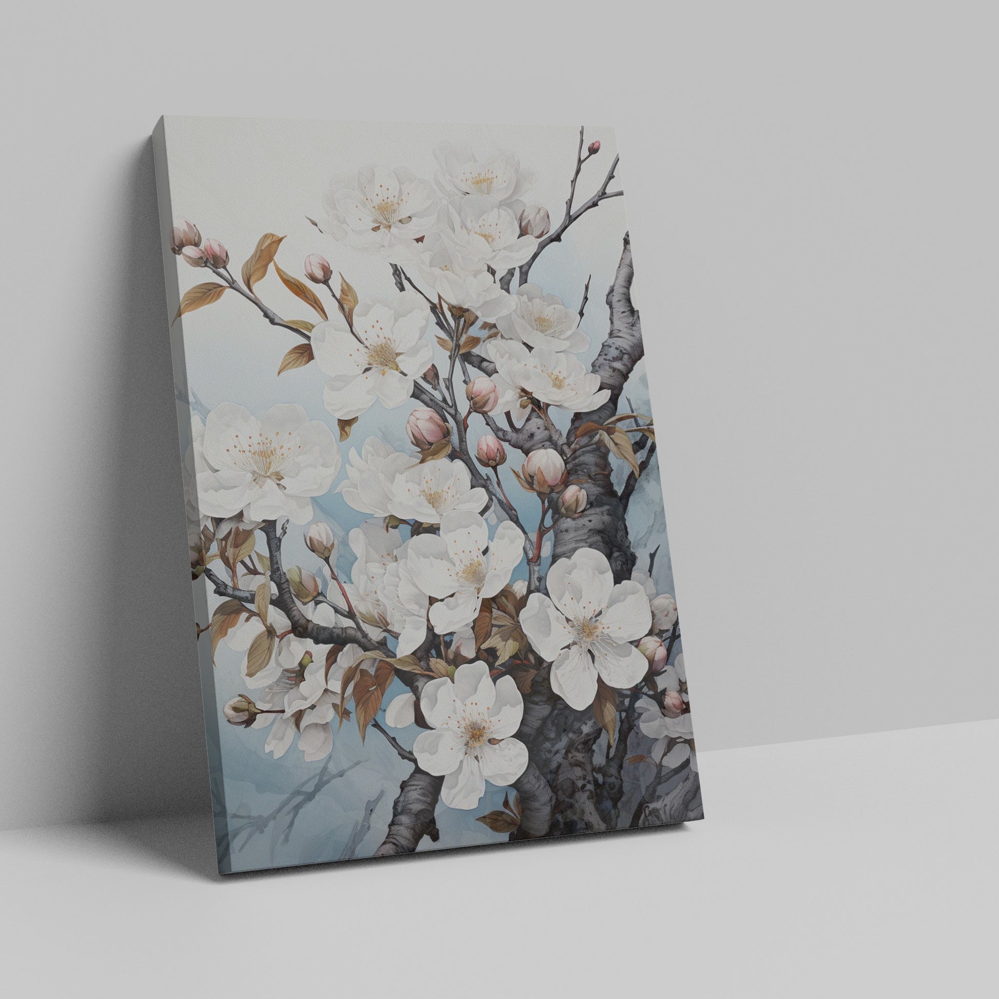 Framed canvas print of a meticulously illustrated cherry blossom branch with white flowers on a pale blue background.